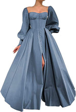 Load image into Gallery viewer, Puffy Prom Dress 2023 A-line Sweetheart Neck High Side Split Long Sleeves Satin Corset Back