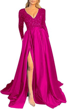 Load image into Gallery viewer, Prom Dress 2023 with Slit Long Sleeves Sequin V Neck Sparkly Satin Corset Back