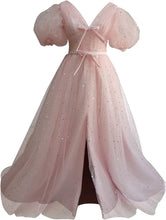 Load image into Gallery viewer, Sparkle Prom Dress 2023 Starry Tulle Puffy Sleeve with Split Corset Back