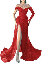 Load image into Gallery viewer, Prom Dresses 2023 Off the Shoulder Long Sleeve Sequin High Slit Corset Back