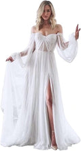 Load image into Gallery viewer, Women's Puffy Long Sleeve Prom Dress 2023 Tulle Wedding Dress for Bride with Slit Corset Back