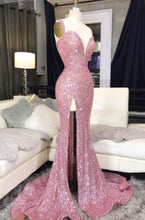 Load image into Gallery viewer, Pink Prom Dress 2023 Sequin V Neck Slit