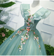 Load image into Gallery viewer, Fairy Prom Dress 2023 V  Neck Ruffles Sleeves Corser Back Flower