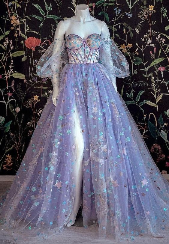 Fairy Prom Dress 2023 with Puff Sleeves Tulle Slit Stary DCdress Fairy Prom Dress 2023 with Puff Sleeves Tulle Slit Stary DCdress