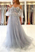 Load image into Gallery viewer, Dusty Blue Prom Dress 2023 Spaghetti Straps with Sleeves Appliiques