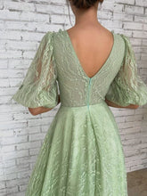 Load image into Gallery viewer, Mint Prom Dress 2023 Half Puffy Sleeves V Neck Tulle