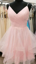 Load image into Gallery viewer, Pink Short Prom Dress 2023 Spaghetti Straps Tulle Ruffles