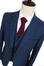Load image into Gallery viewer, Men&#39;s Suit Wool Blue Herringbone 3 Piece Jacket Pants Vest Wedding Suits for Groomsmen
