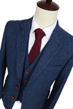 Load image into Gallery viewer, Men's Suit Wool Blue Herringbone 3 Piece Jacket Pants Vest Wedding Suits for Groomsmen