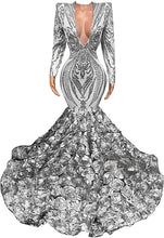 Load image into Gallery viewer, Sexy Prom Dress 2023 Long Sleeve V Neck Mermaid Sequined Zipper Up Back