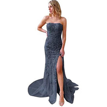 Load image into Gallery viewer, Elegant Prom Dress 2023 Strapless Lace Appliques Mermaid Tulle Long with Slit