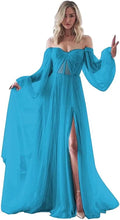 Load image into Gallery viewer, Women's Puffy Long Sleeve Prom Dress 2023 Tulle Wedding Dress for Bride with Slit Corset Back