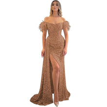 Load image into Gallery viewer, Long Prom Dress 2023 Mermaid Feather Corset Back Off the Shoulder Sequin with Slit