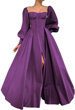 Load image into Gallery viewer, Puffy Prom Dress 2023 A-line Sweetheart Neck High Side Split Long Sleeves Satin Corset Back