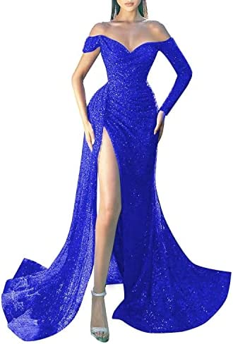 Royal Blue Prom Dress 2023 Long Sleeves Sequin with Feathers