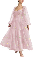 Load image into Gallery viewer, Puffy Prom Dress 2023 Square Neck Long Sleeves Floral Embroidery Tulle Corset Back