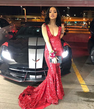 Load image into Gallery viewer, Red Prom Dress 2023 Plunging Neck Sequin
