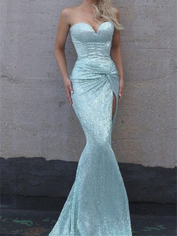 Unique Prom Dress 2023 Strapless Sequined With Slit DCdress