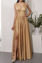 Load image into Gallery viewer, Long Satin Prom Dress 2023 Plunging Neck A-Line Zipper Up Pleats with Slit