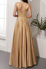 Load image into Gallery viewer, Long Satin Prom Dress 2023 Plunging Neck A-Line Zipper Up Pleats with Slit