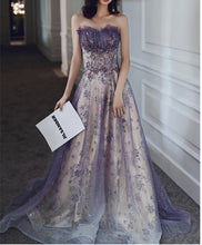 Load image into Gallery viewer, Purple Long Prom Dress 2023 Strapless Floral Sequined Horsehair
