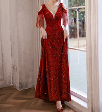 Load image into Gallery viewer, Burgundy Prom Dress 2023 V Neck Sequin Tassels