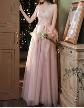 Load image into Gallery viewer, Pink Prom Dress 2023 Elegant Draping Pearls Tulle with Bow(s)