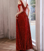 Load image into Gallery viewer, Burgundy Prom Dress 2023 V Neck Sequin Tassels