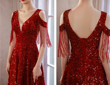 Load image into Gallery viewer, Burgundy Prom Dress 2023 V Neck Sequin Tassels