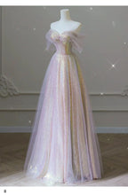 Load image into Gallery viewer, Pink Prom Dress 2023 Off the Shoulder Sequined Tulle with Pleats