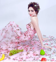 Load image into Gallery viewer, Floral Pink Prom Dress 2023 Fairy Strapless Corset Back