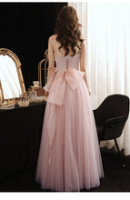 Load image into Gallery viewer, Pink Prom Dress 2023 Elegant Draping Pearls Tulle with Bow(s)