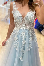 Load image into Gallery viewer, Light Blue Prom Dress 2023 Floral Tulle with Appliques