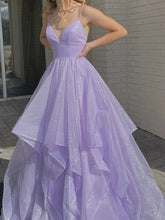 Load image into Gallery viewer, Purple Prom Dress 2023 Spaghetti Straps Sequined Tulle Ruffles