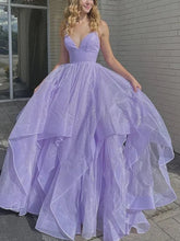 Load image into Gallery viewer, Purple Prom Dress 2023 Spaghetti Straps Sequined Tulle Ruffles