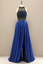 Load image into Gallery viewer, Long Prom Dress 2023 Jewel Neck Beaded Flower A-line Sleeveless Satin with Pleats