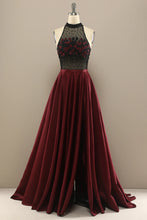 Load image into Gallery viewer, Long Prom Dress 2023 Jewel Neck Beaded Flower A-line Sleeveless Satin with Pleats