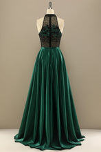 Load image into Gallery viewer, Long Prom Dress 2023 Jewel Neck Beaded Flower A-line Sleeveless Satin with Pleats