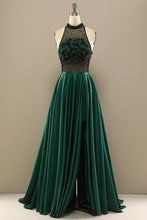 Load image into Gallery viewer, Long Prom Dress 2023 Jewel Neck Beaded Flower A-line Sleeveless Satin with Pleats