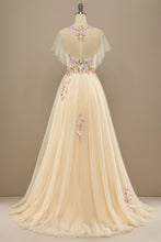Load image into Gallery viewer, Floral Prom Dress 2023 Elegant Yellow Tulle Illusion Neck Pleats with Appliques Zipper Up
