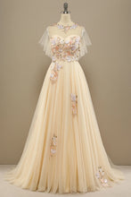 Load image into Gallery viewer, Floral Prom Dress 2023 Elegant Yellow Tulle Illusion Neck Pleats with Appliques Zipper Up