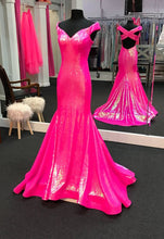 Load image into Gallery viewer, Hot Pink Long Prom Dress 2023 Off the Shoulder Sequin