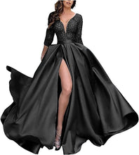 Load image into Gallery viewer, Prom Dresses 2023 for Women Ball Gown V Neck 3/4 Sleeves Slit