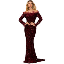 Load image into Gallery viewer, Prom Dresses 2023 with Long Sleeves Off the Shoulder Sequin Feathers