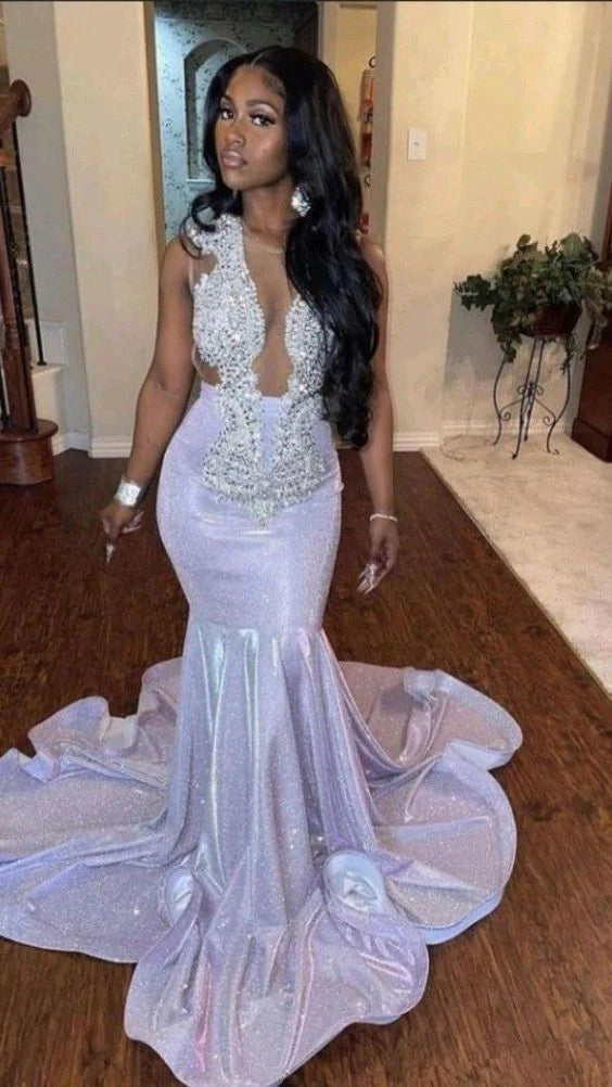 Black Girl Slay Long Prom Dress 2023 Plunging Neck Glitter