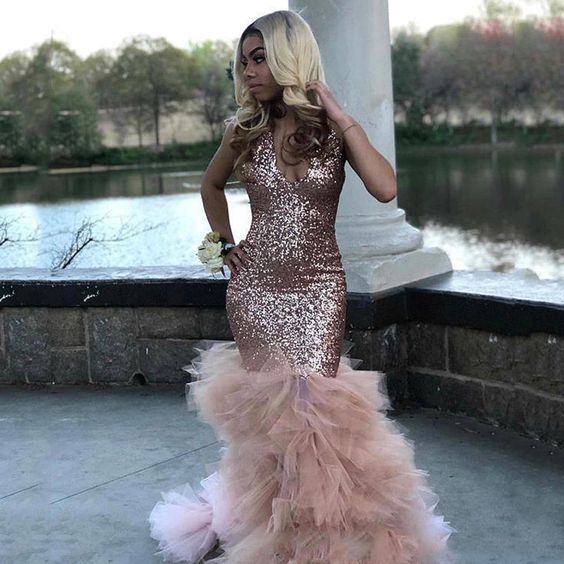 Rose Gold Prom Dress 2023 Black Girls Slay Sequin V Neck Tulle Ruffles DCdress Rose Gold Prom Dress 2023 Black Girls Slay Sequin V Neck Tulle Ruffles DCdress