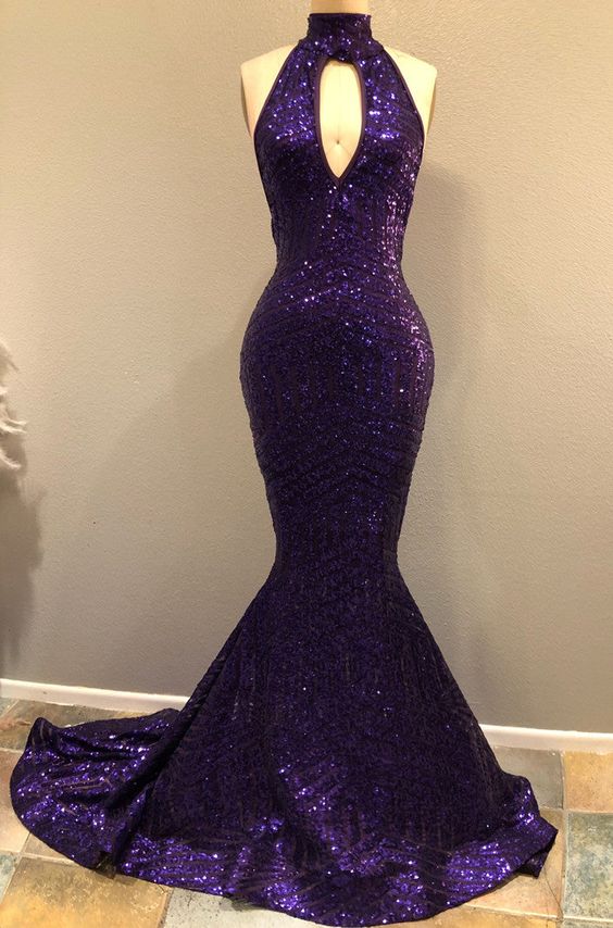 Purple Prom Dress 2023 Halter Neck Sequin Hollow