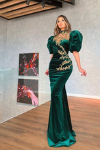 Load image into Gallery viewer, Green Prom Dress 2023 Puffy Sleeves Illusion Neck Appliques