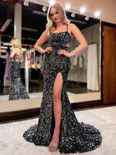Load image into Gallery viewer, Black Sequin Prom Dress 2023 Spaghetti Straps Corset Back
