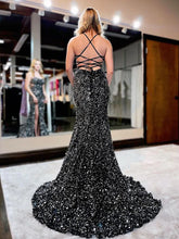 Load image into Gallery viewer, Black Sequin Prom Dress 2023 Spaghetti Straps Corset Back